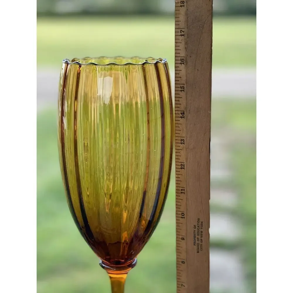 Vintage Empoli Amber Italian Tall Art Glass Optic LONG Stem Compote Vase Snifter